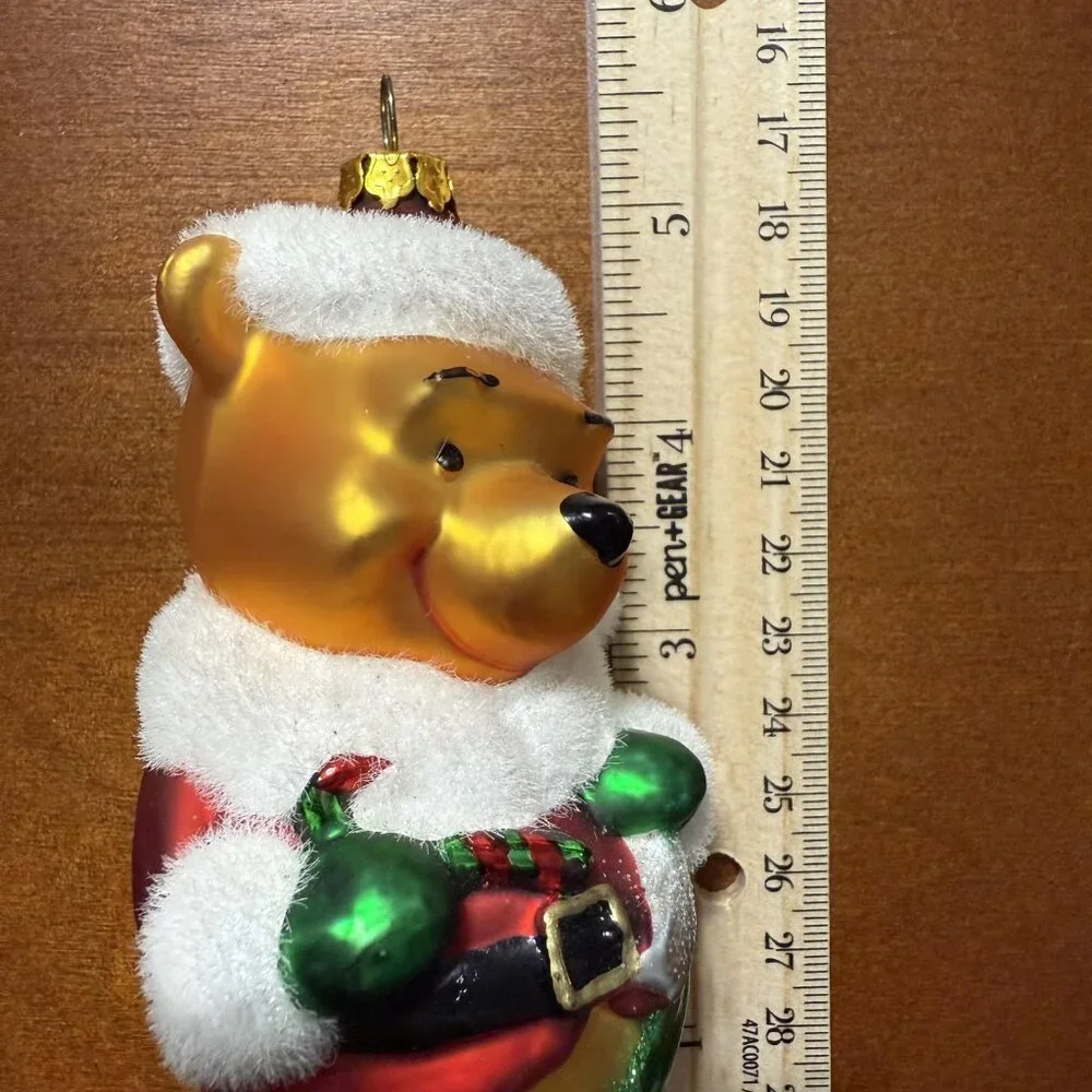 Disney Winnie The Pooh Santa Christmas Ornament Glass Gold Bear 2009 Hallmark‎